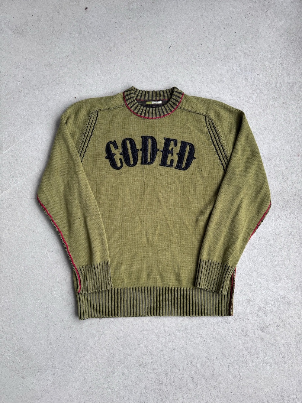 Olive Crewneck Sweater with Red Contrast Trim